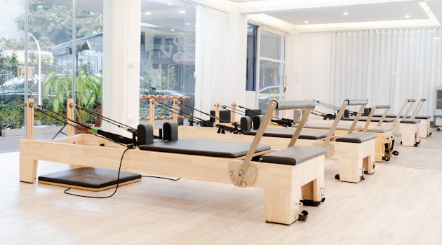 Bright and modern pilates studio with multiple reformer machines for fitness enthusiasts.